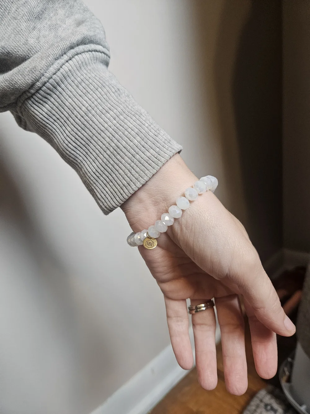 Faceted White Bead Bracelet with Gold Oval Accent - Women's Jewelry